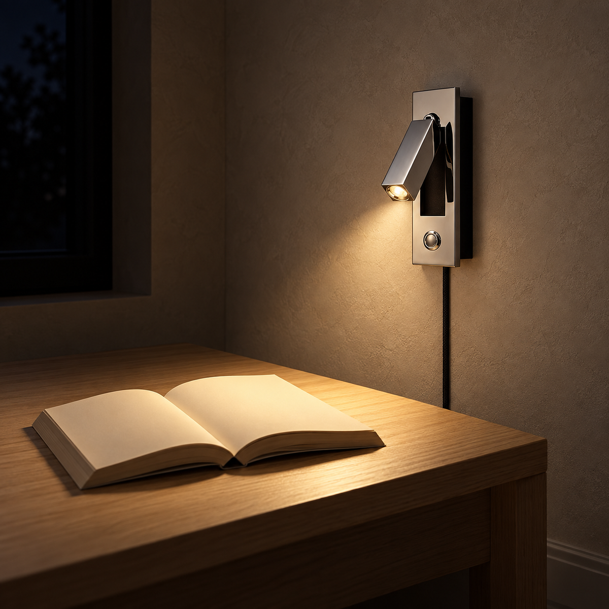 Saneviro black LED wall sconce lighting a clear desk in a home office at night