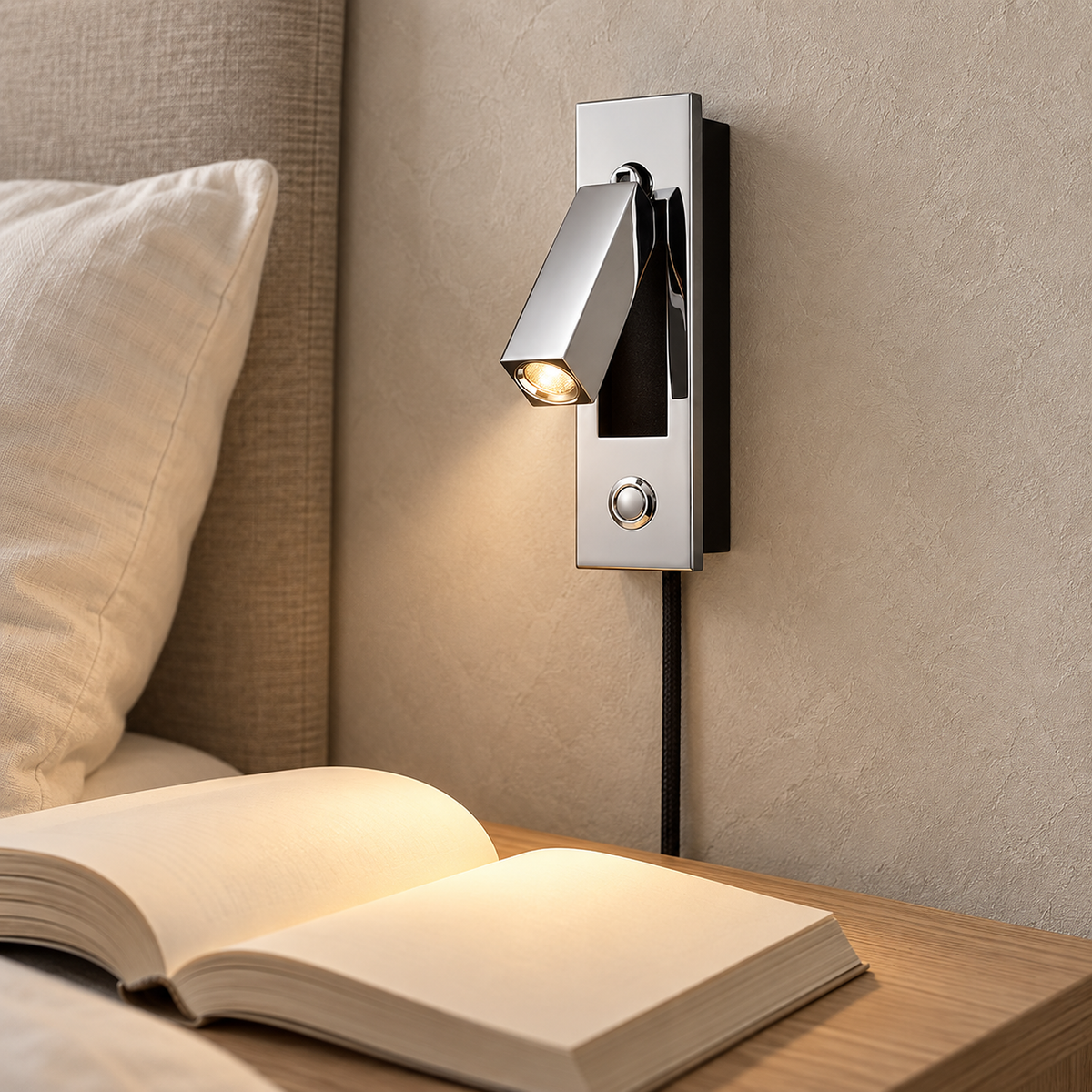 Saneviro black wall lamp lighting an open book on a bedside table in a guest alcove