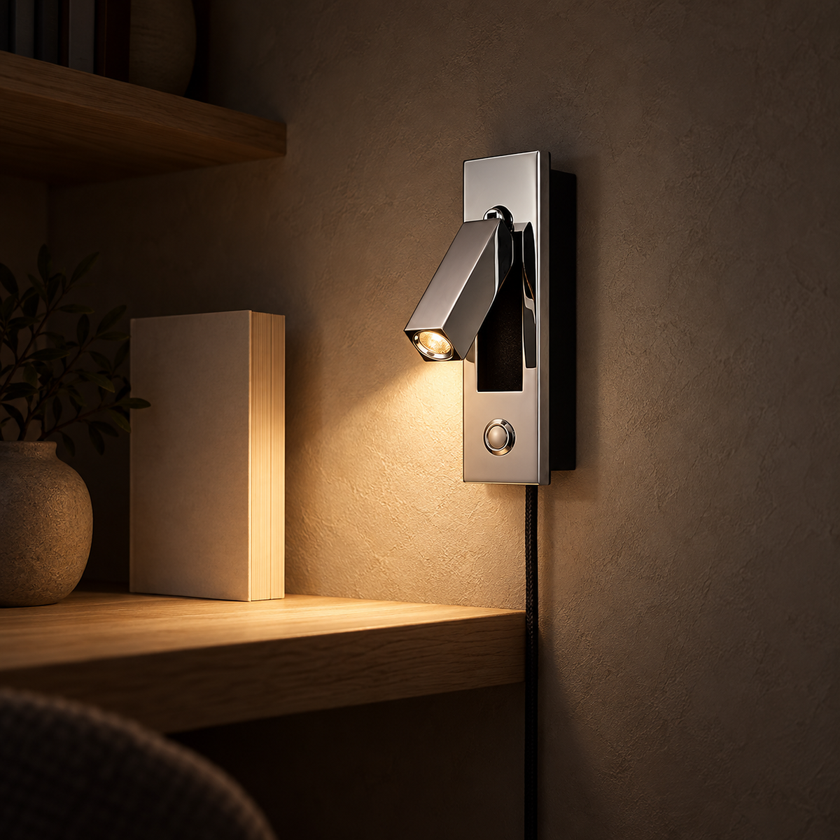 Saneviro black wall light showing its surface mounted body and cord at night