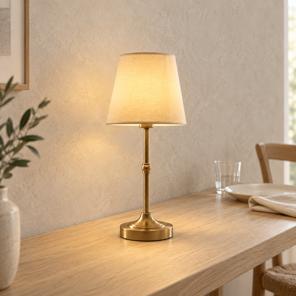 Sanovire gold and white cordless table lamp lit beside a dinner setting in a breakfast nook