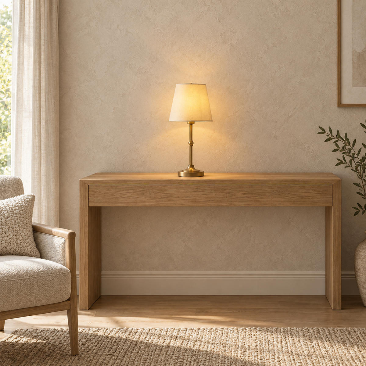 Sanovire gold and white portable table lamp lit on a clear console in a sitting room