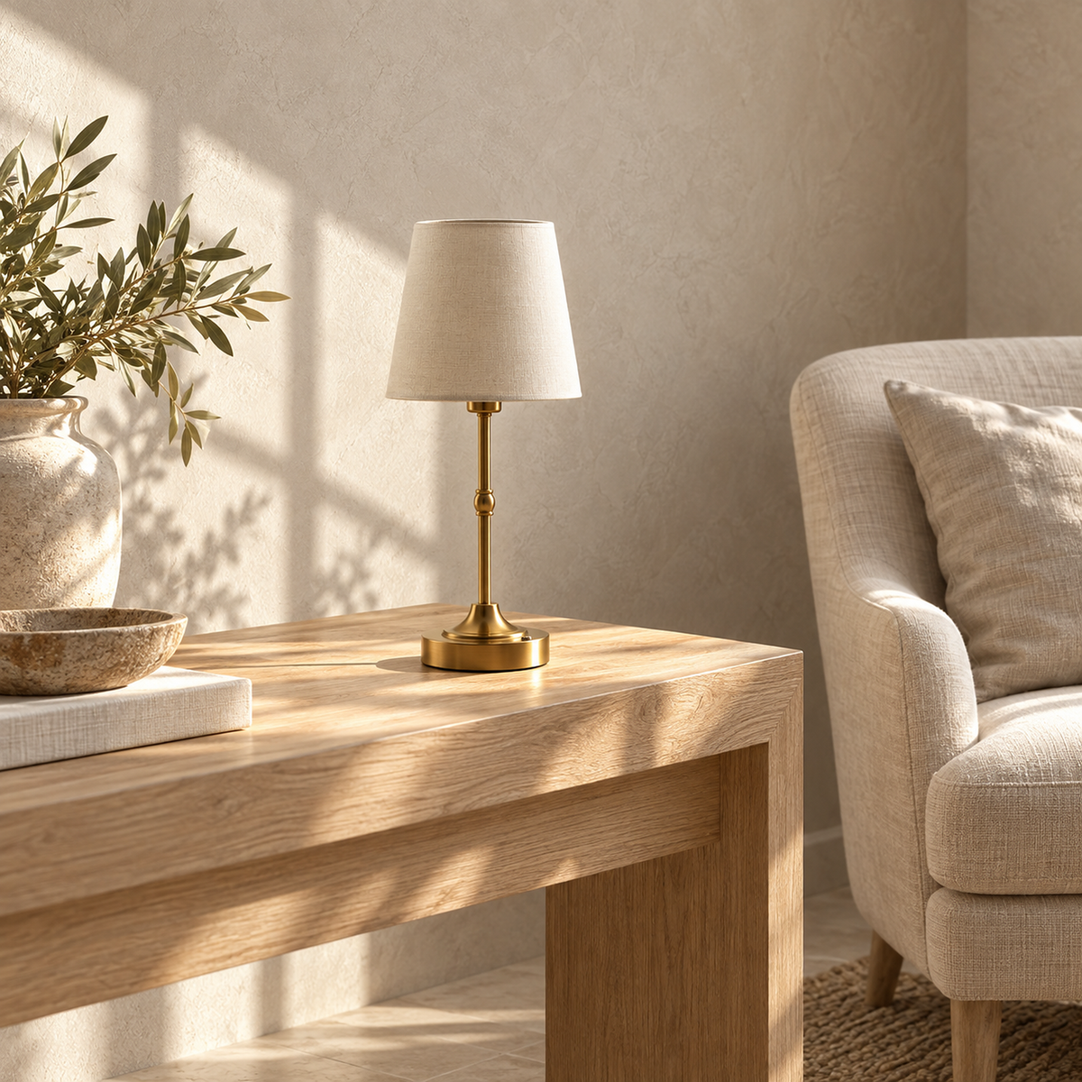 Sanovire gold and white rechargeable table lamp switched off in direct sunroom daylight