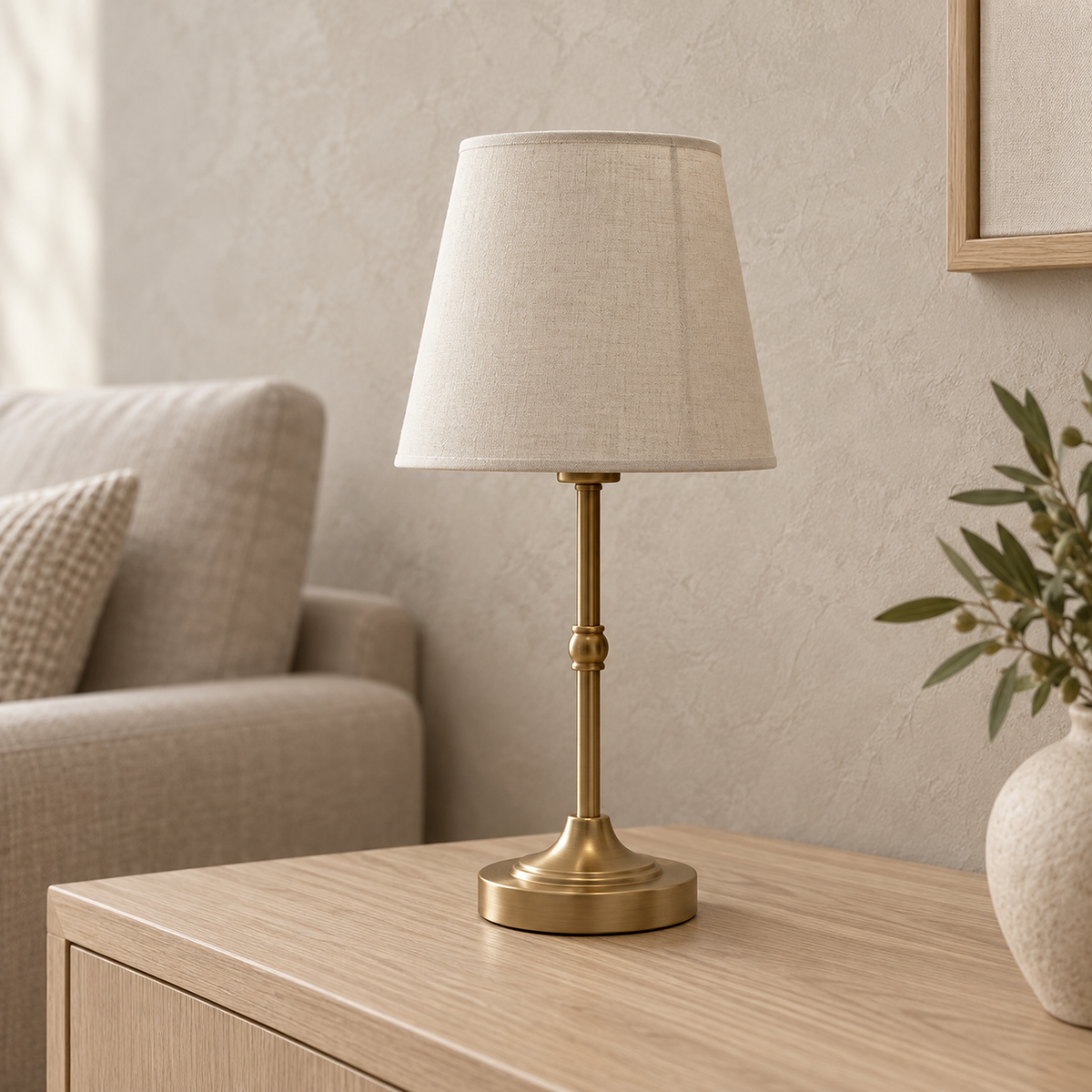 Sanovire gold and white table lamp fabric shade detail in a daylit living room