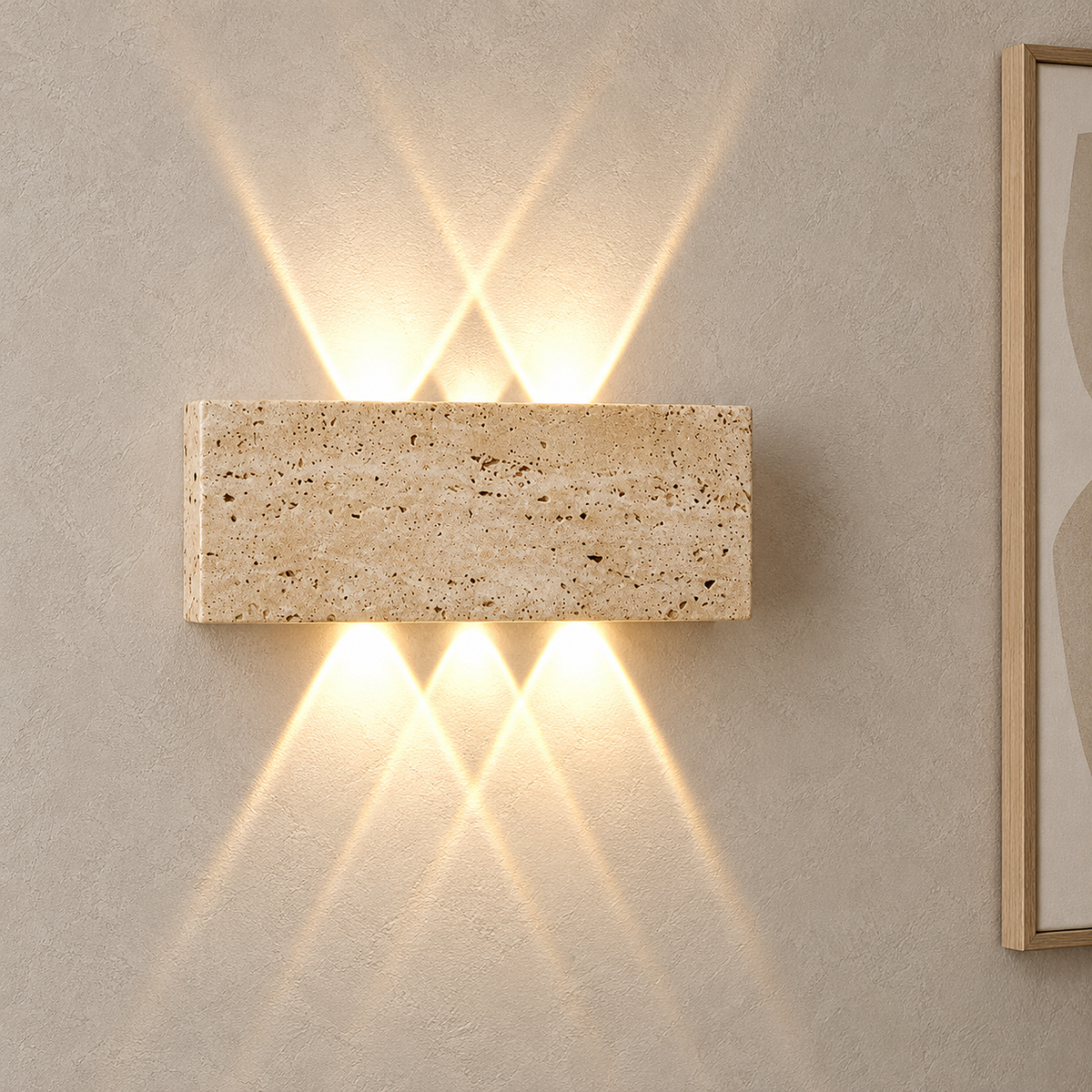 Sarivol beige stone wall light casting warm diamond beams up and down a daylit hallway wall