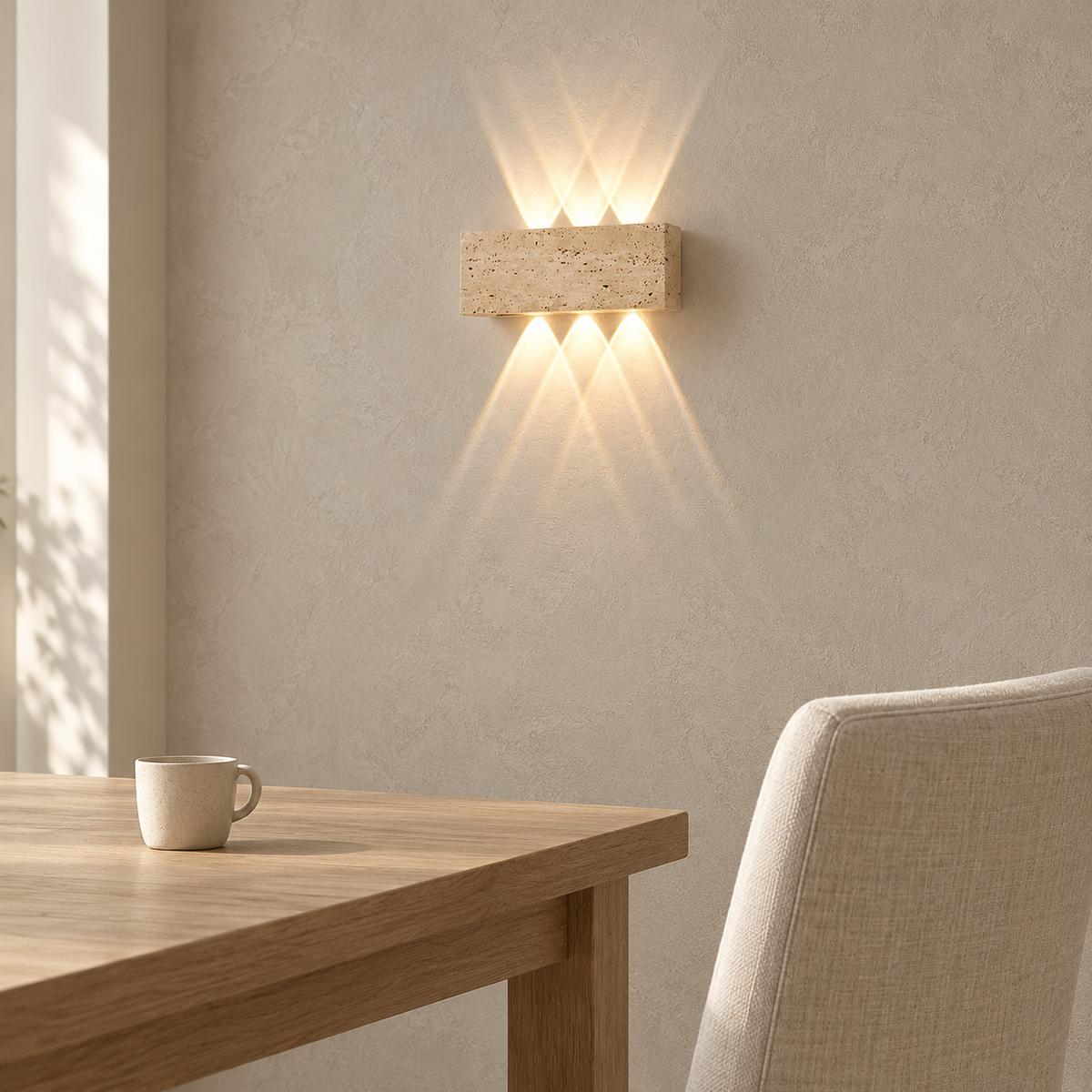 Sarivol beige stone wall sconce lit in a breakfast nook, warm light spreading above and below
