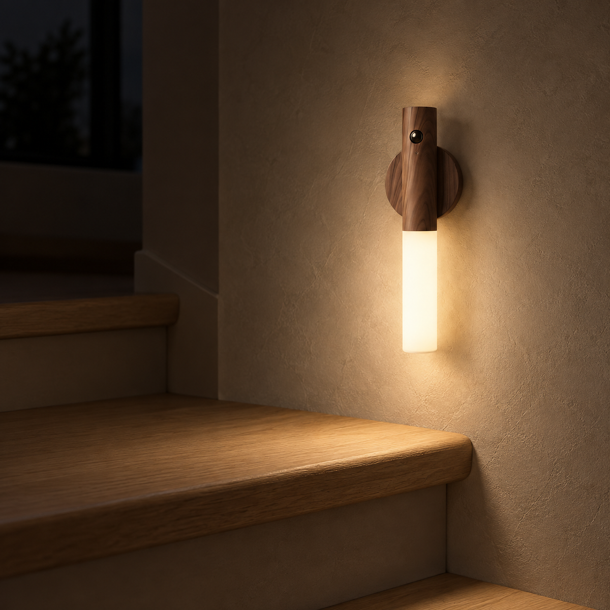 Sarloma dark wood LED wall sconce lighting the stairs in a stairwell at night #color_dark wood