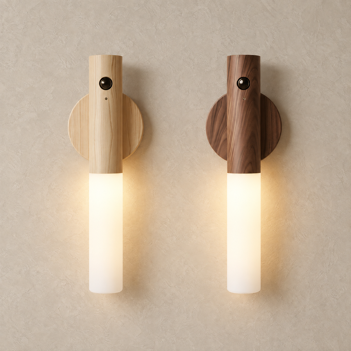 Sarloma light wood and dark wood motion sensor LED wall sconces lit side by side