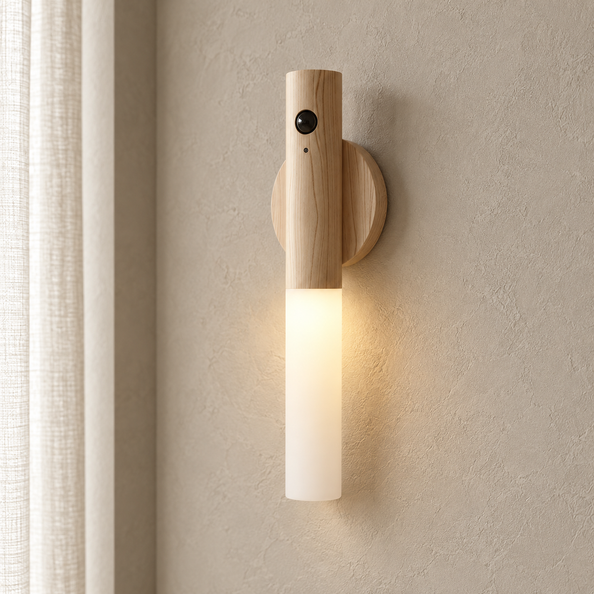 Sarloma light wood cordless wall lamp lit on its round wall base above a dining chair