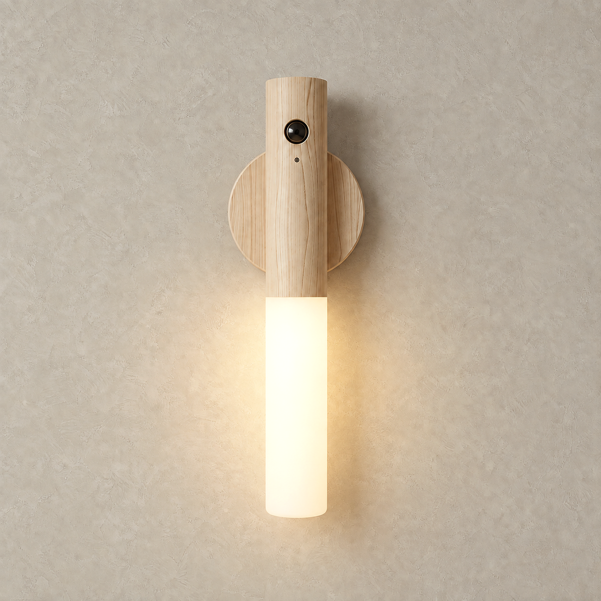 Sarloma light wood LED wall sconce glowing warm white on a plaster wall
