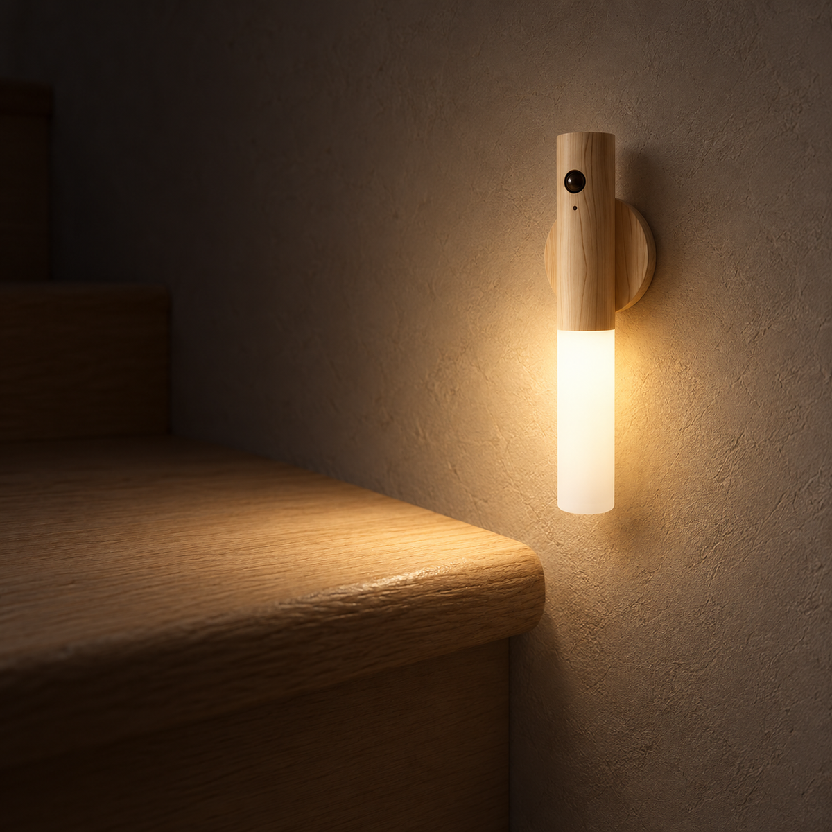 Sarloma light wood LED wall sconce lighting the edge of a stair tread at night