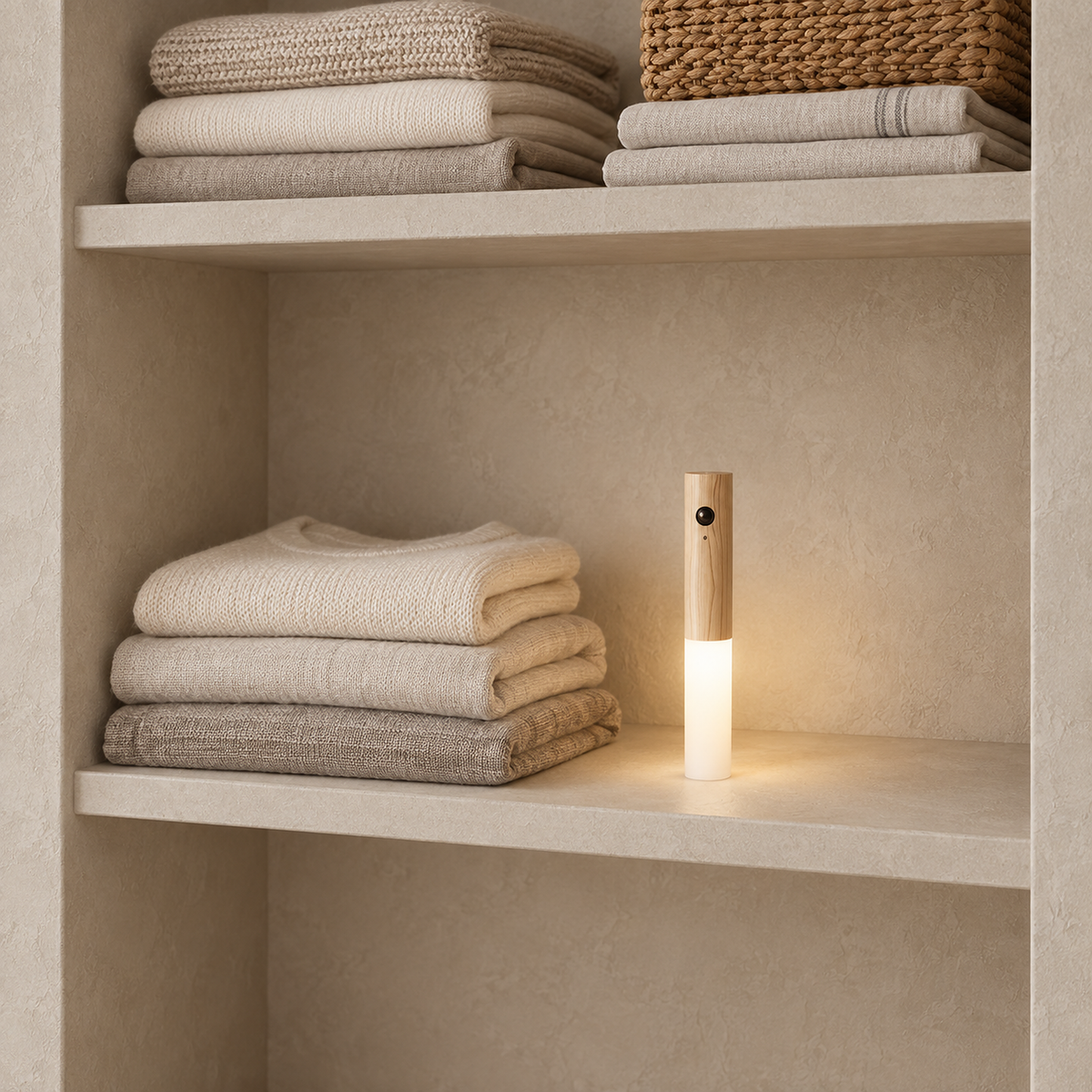 Sarloma light wood rechargeable wall sconce standing upright and glowing on a closet shelf