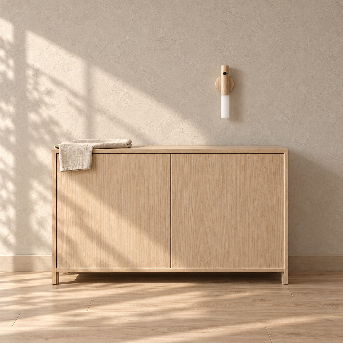 Sarloma light wood rechargeable wall sconce unlit above a pale oak dining room sideboard