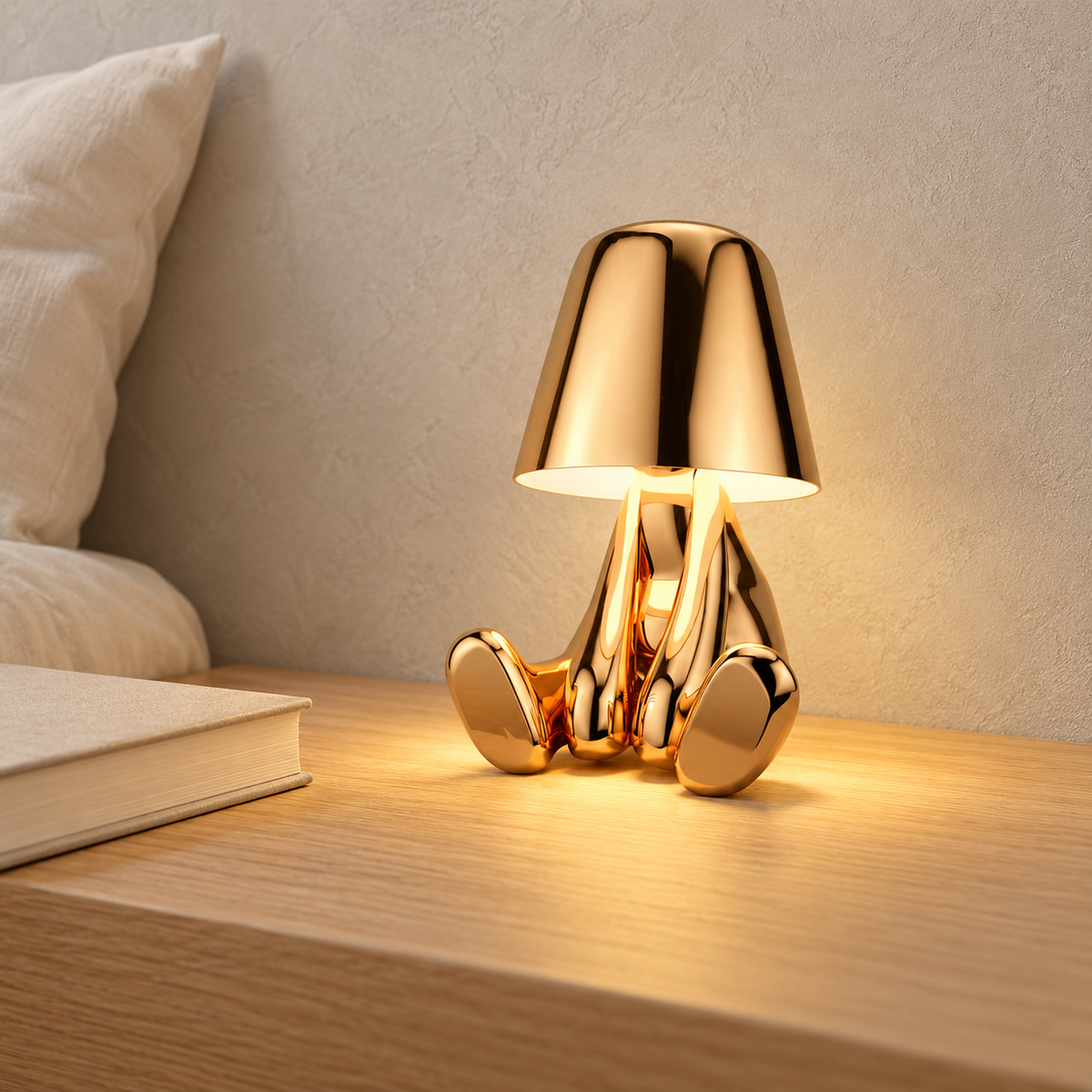 Sarovel gold bedside lamp glowing beside ivory bedding in a guest sleeping alcove during the day