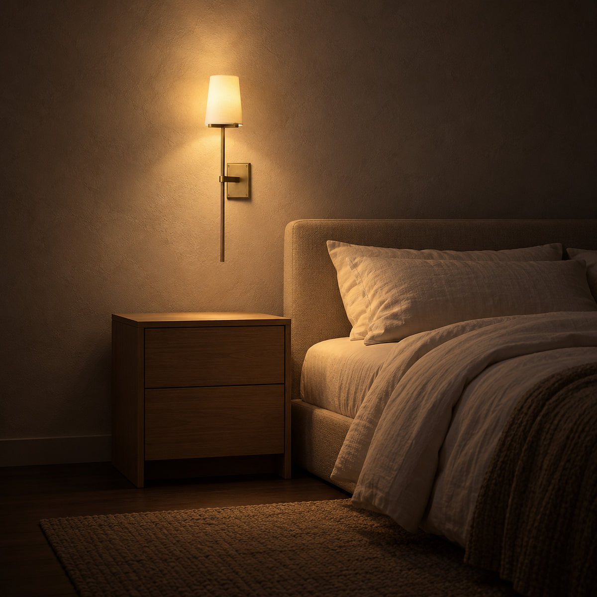 Savorel brass gold toned bedside wall light with a glowing cream shade above a wooden nightstand beside a bed
