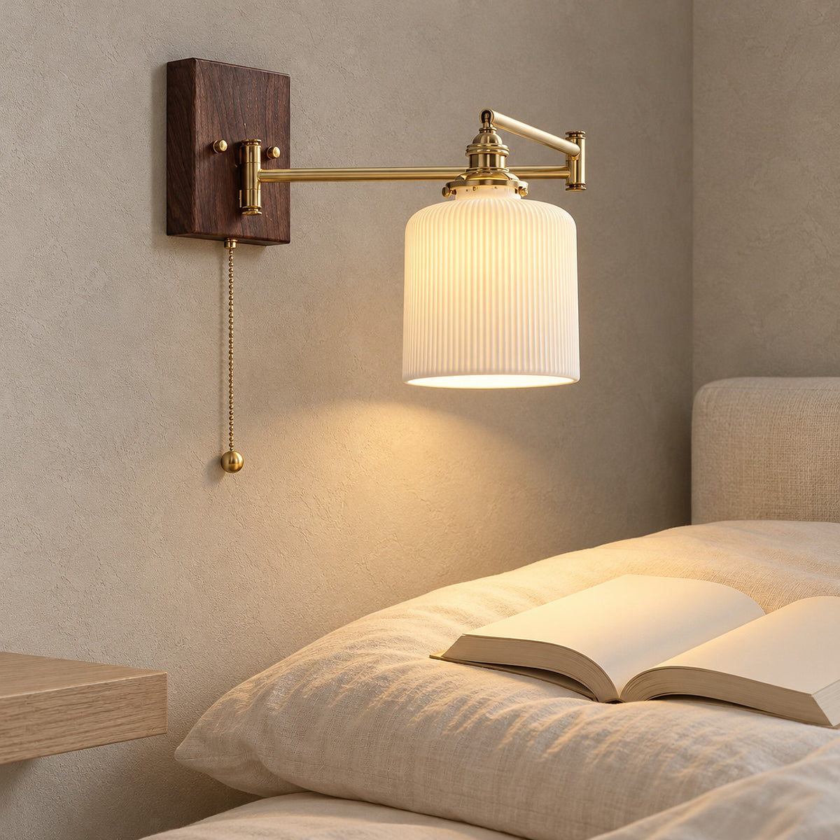 Selanvo gold and white bedside wall light reaching out to light an open book in a sleeping alcove by day