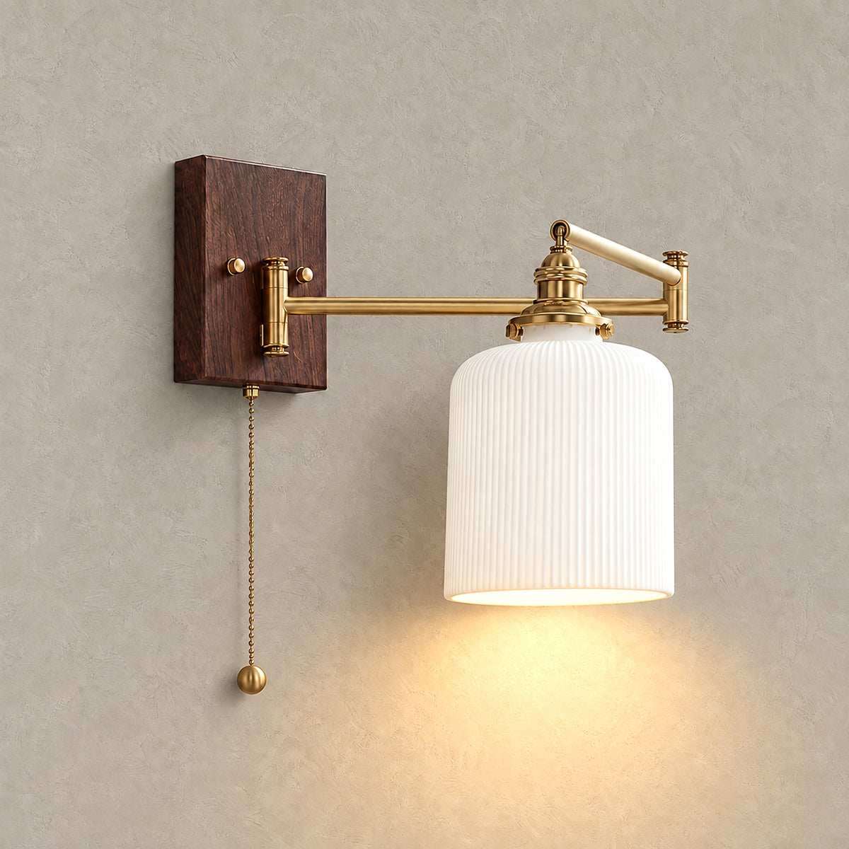 Selanvo gold and white plug in wall sconce switched on and glowing against a plaster wall