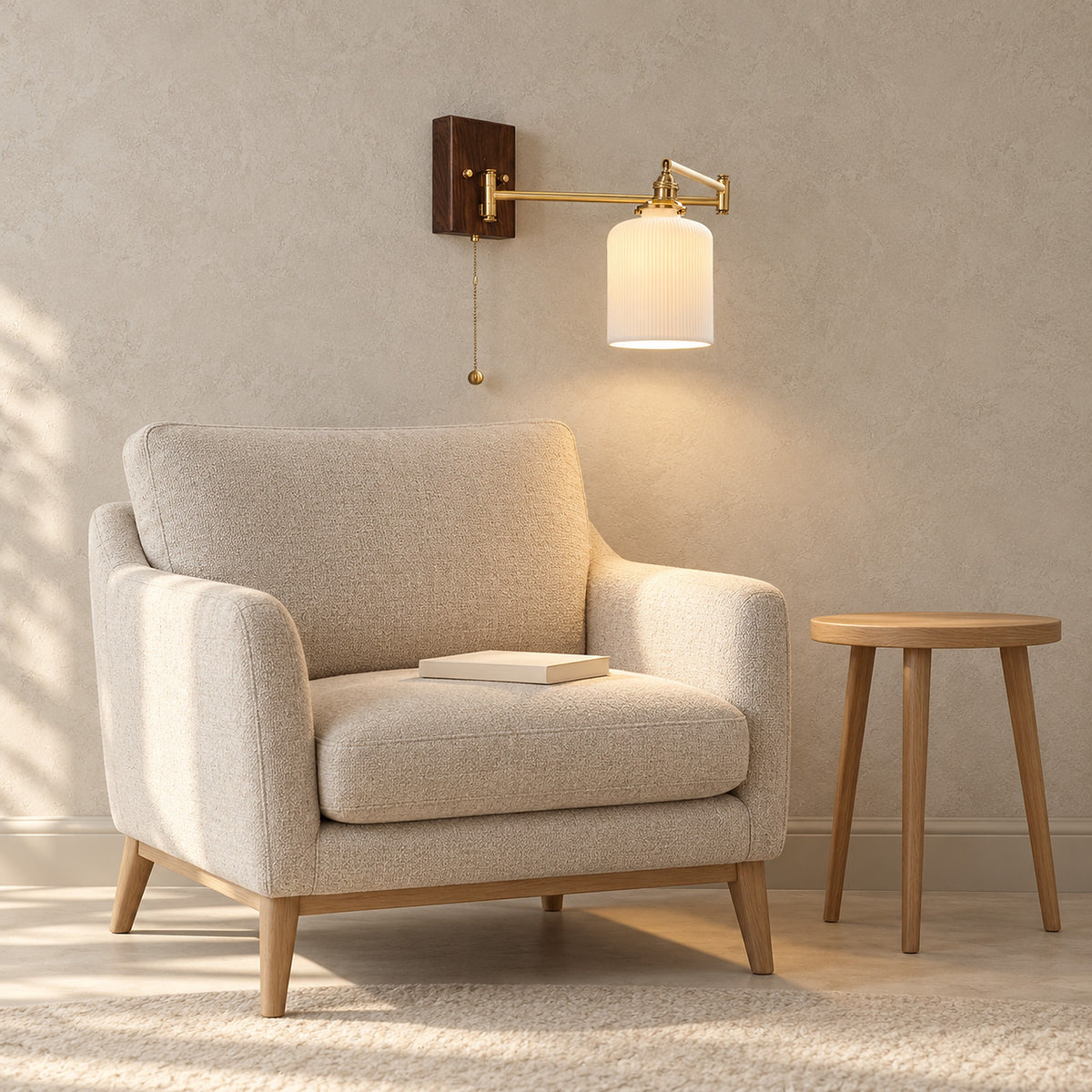 Selanvo gold and white wall light switched on beside an armchair in a daytime living room