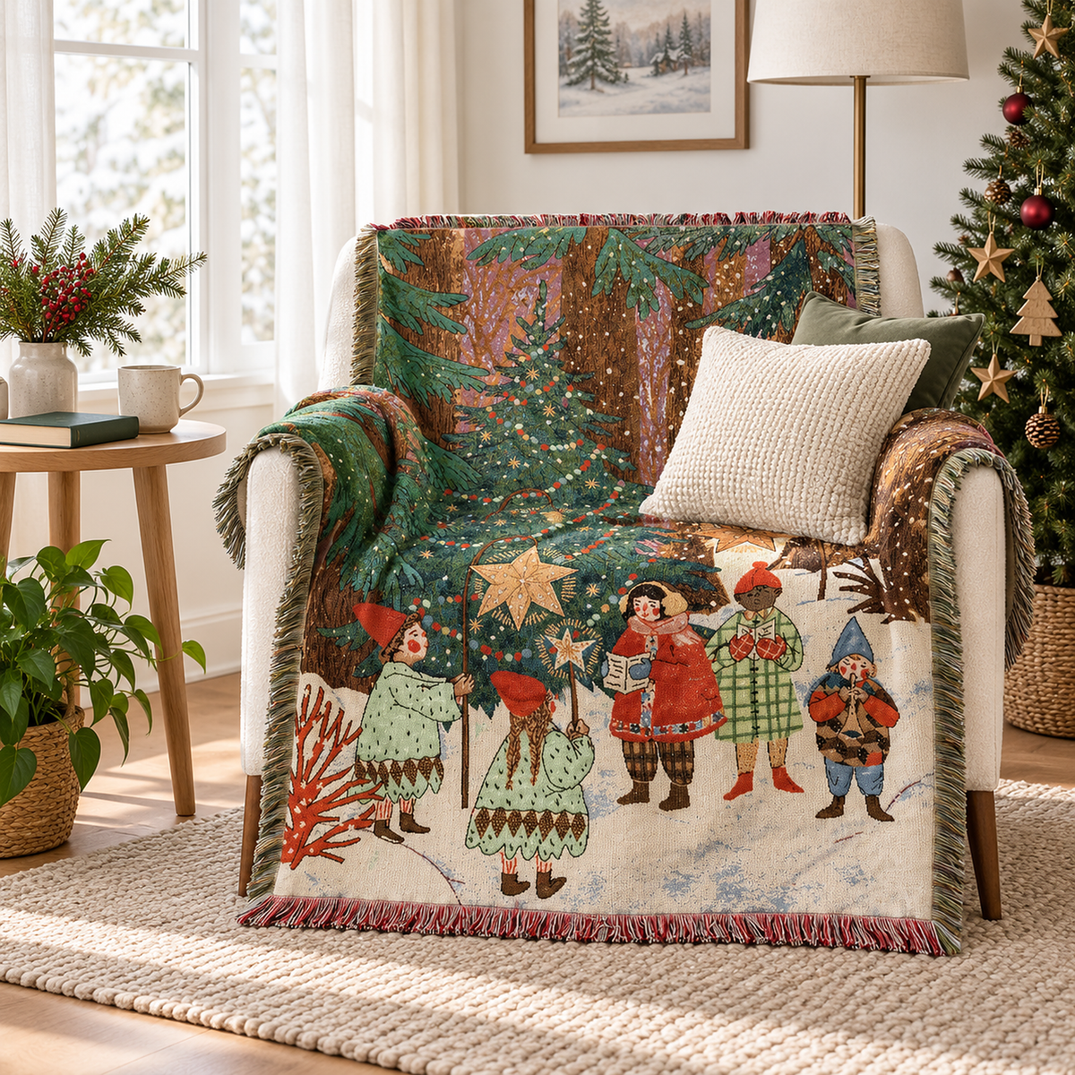 Selmavo festive woodland soft throw blanket draped open over an ivory armchair by a window