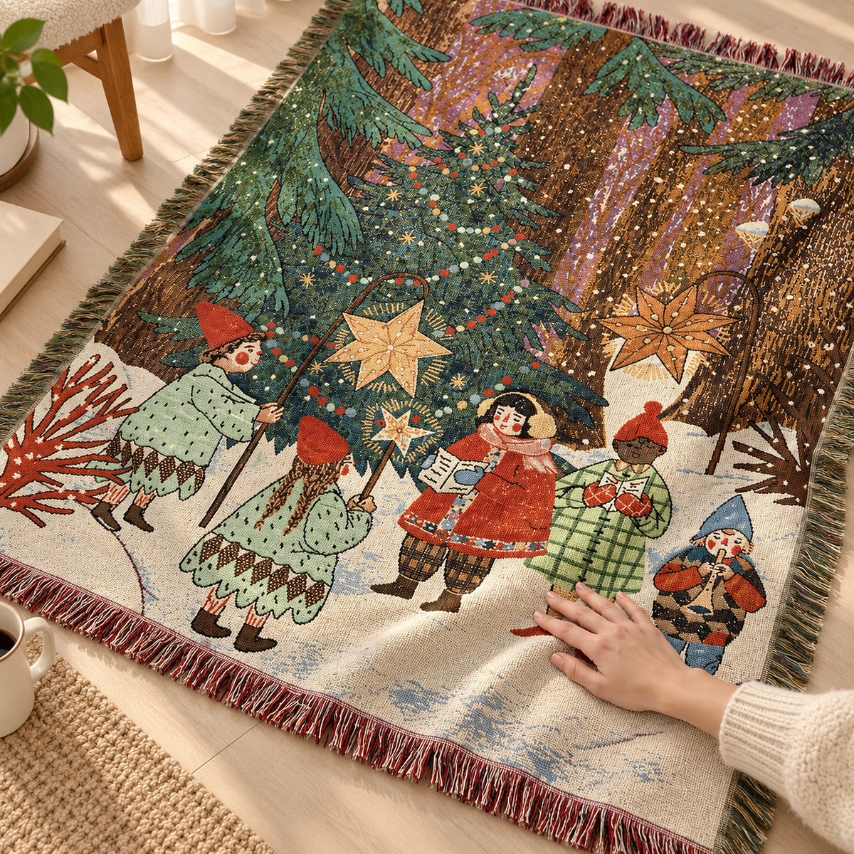 Selmavo festive woodland soft throw blanket with a hand resting on its patterned surface