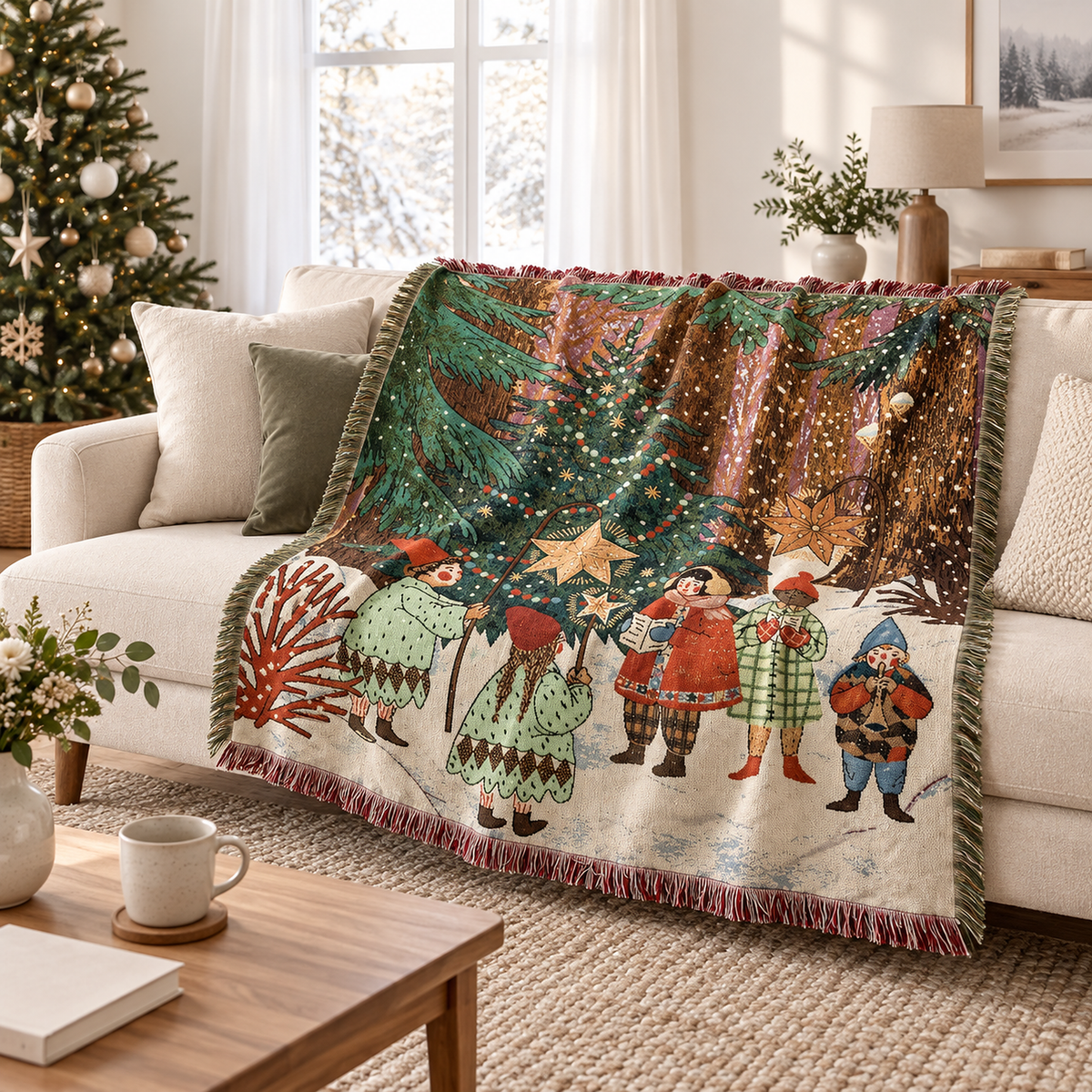 Selmavo festive woodland throw blanket for couch draped over a pale sofa in a bright sitting room