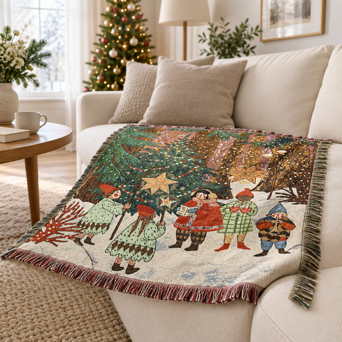 Selmavo festive woodland throw blanket for couch with its fringed edge against a sofa cushion