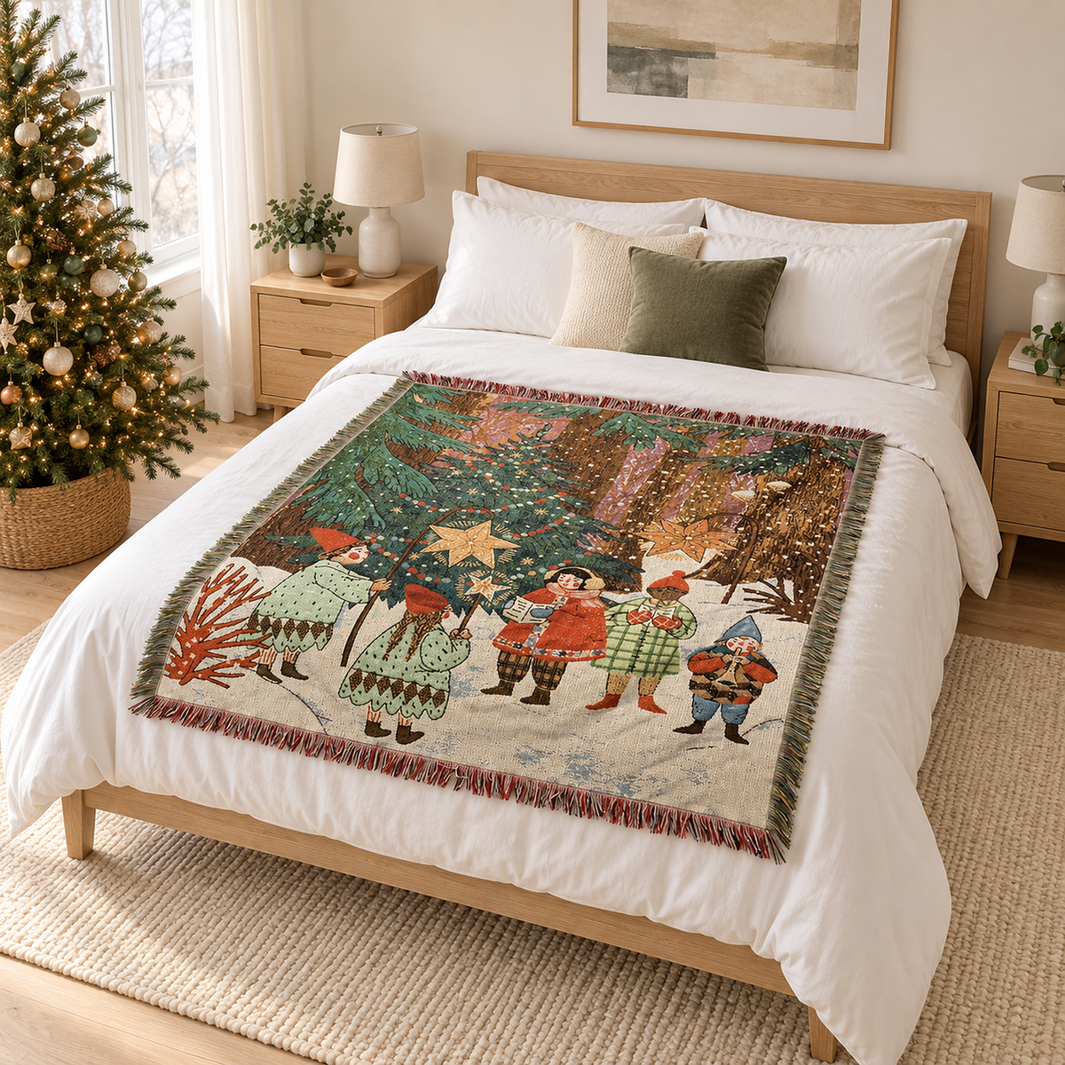 Selmavo festive woodland throw blanket laid flat across a queen bed in the bedroom to show its size