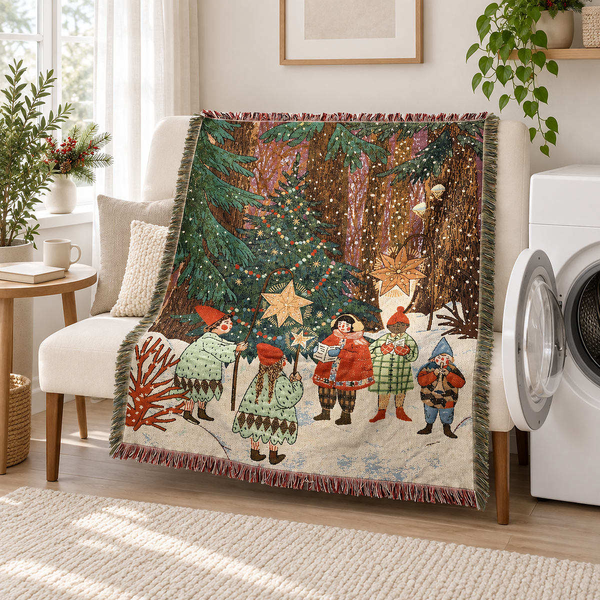 Selmavo festive woodland throw blanket, machine washable and shown beside an open washing machine