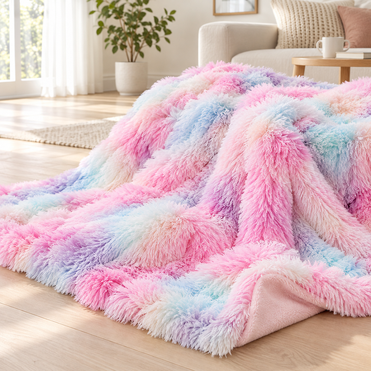 Selovan pastel multicolor faux fur throw blanket close up of long tie dye fibers across a broad fold