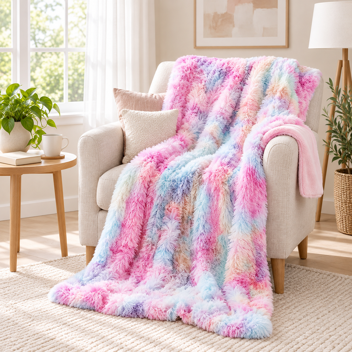 Selovan pastel multicolor faux fur throw blanket with long pile following the folds of a reading armchair