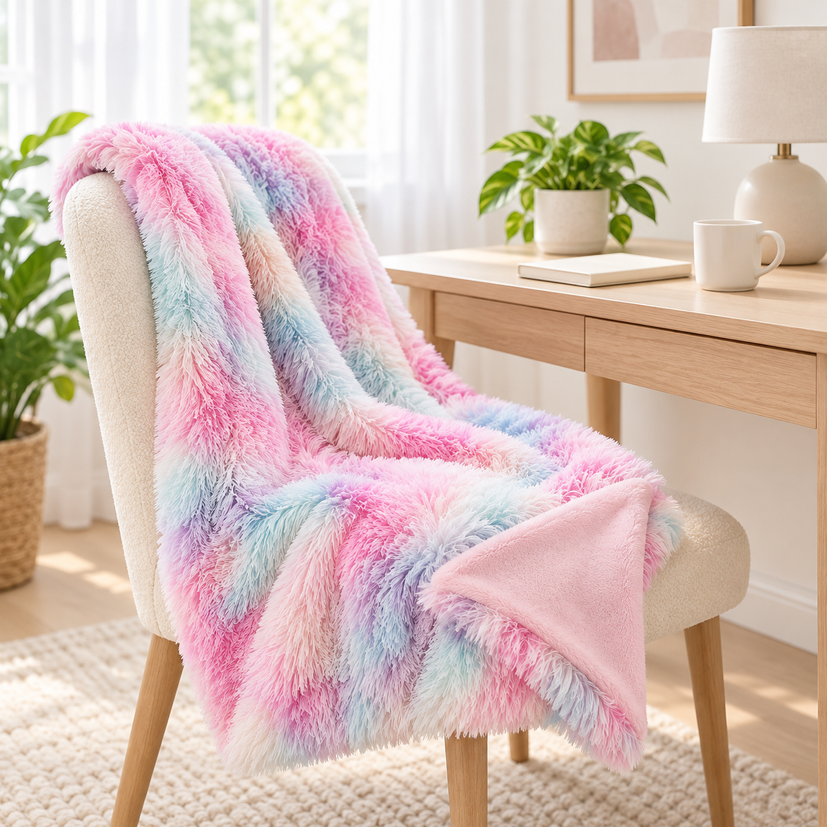 Selovan pastel multicolor knit throw blanket with a turned corner revealing its smooth looking pink reverse