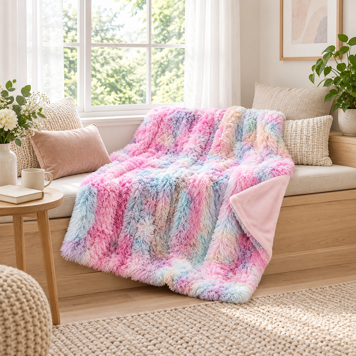 Selovan pastel multicolor throw blanket arranged for lap coverage on an empty window reading seat