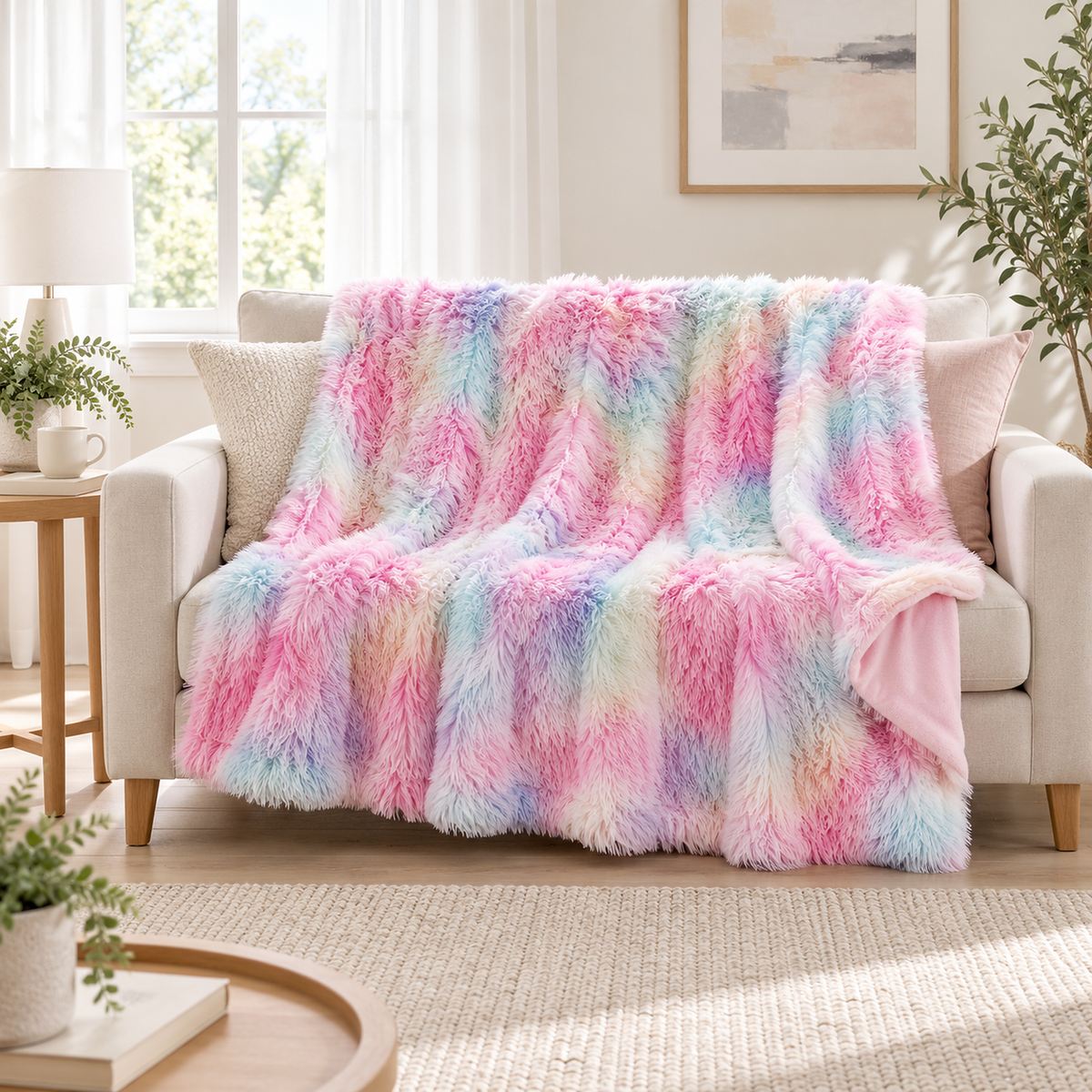 Selovan pastel multicolor throw blanket for couch spanning a loveseat with throw cushions in a daylit room