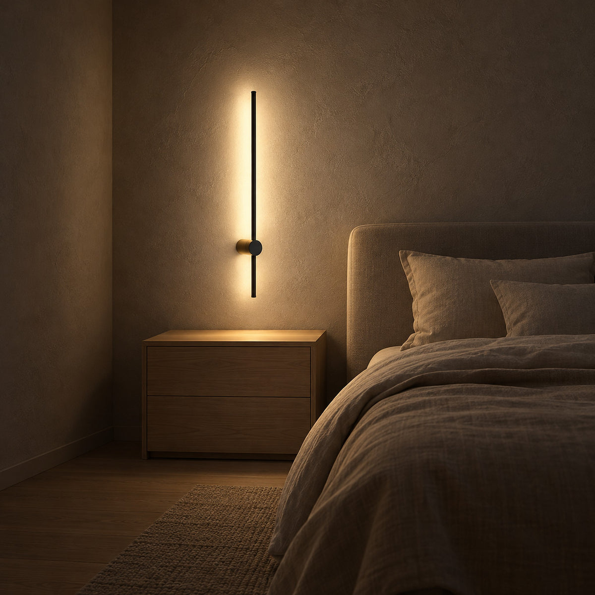 Semarlo black and gold bedside wall light washing a bedroom wall in warm white light at night