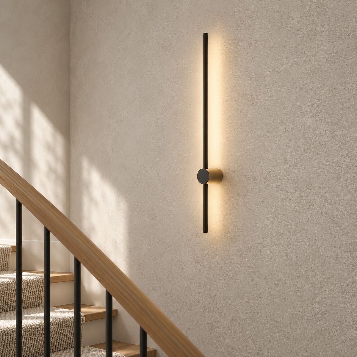 Semarlo black and gold linear LED wall lamp, the built in LED bar lit on a stair landing