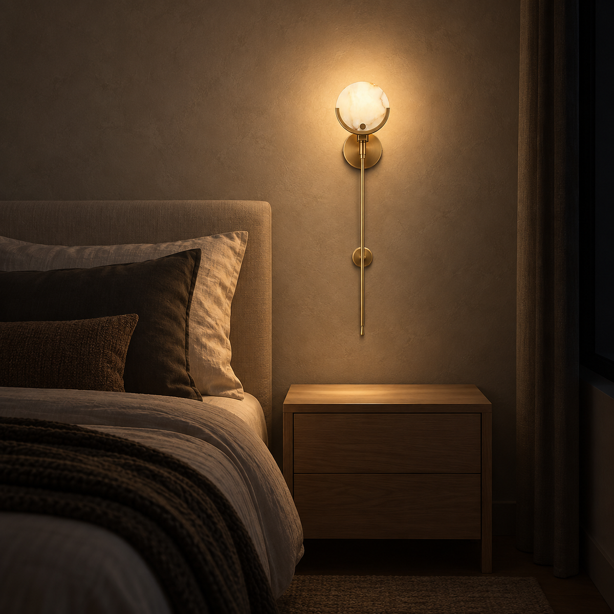 Serrinte brass bedside wall light on the wall of a guest suite at night, tabletops left clear