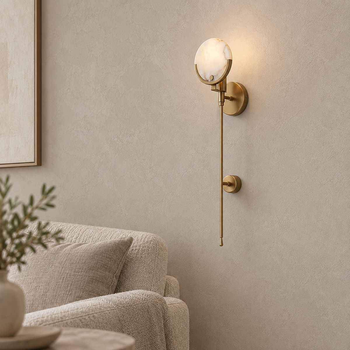 Serrinte brass wall sconce lit, stone face aglow and light falling on the wall beside it