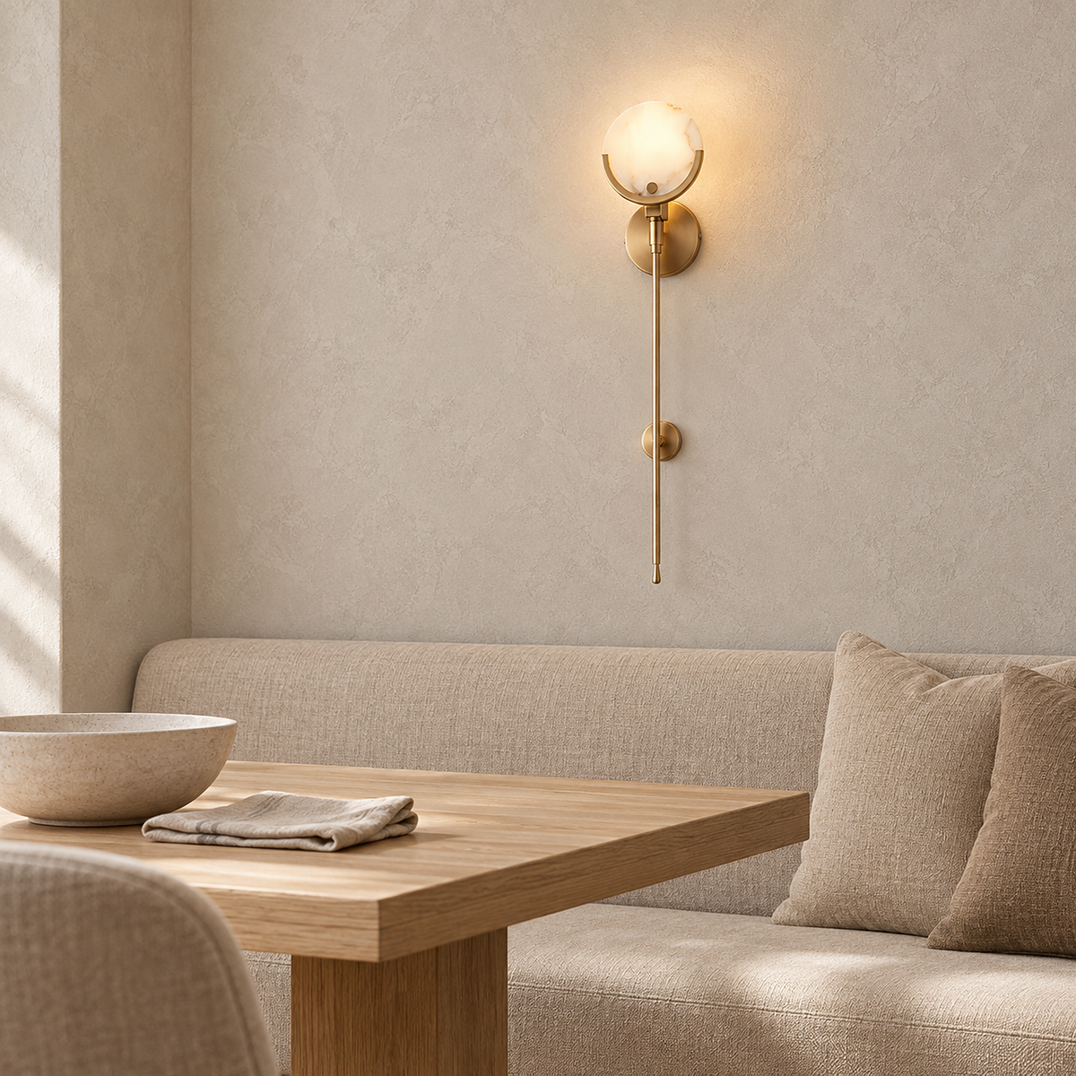Serrinte brass wall sconce lit in a daylit dining nook, showing its scale beside the furniture