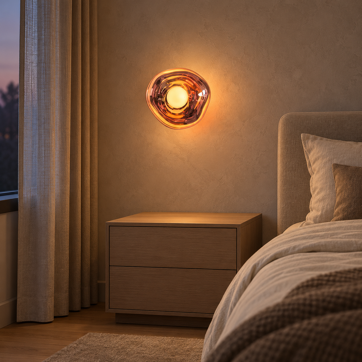 Sevalira rose gold bedside wall light glowing beside a clear bedroom nightstand