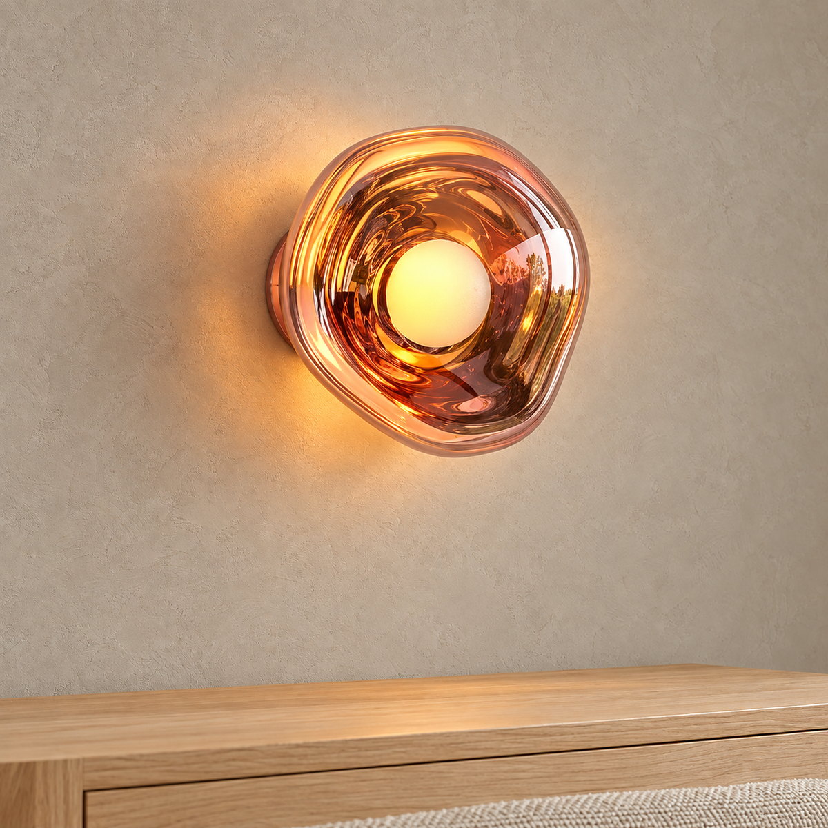 Sevalira rose gold wall lamp glowing with warm white light above an entry console