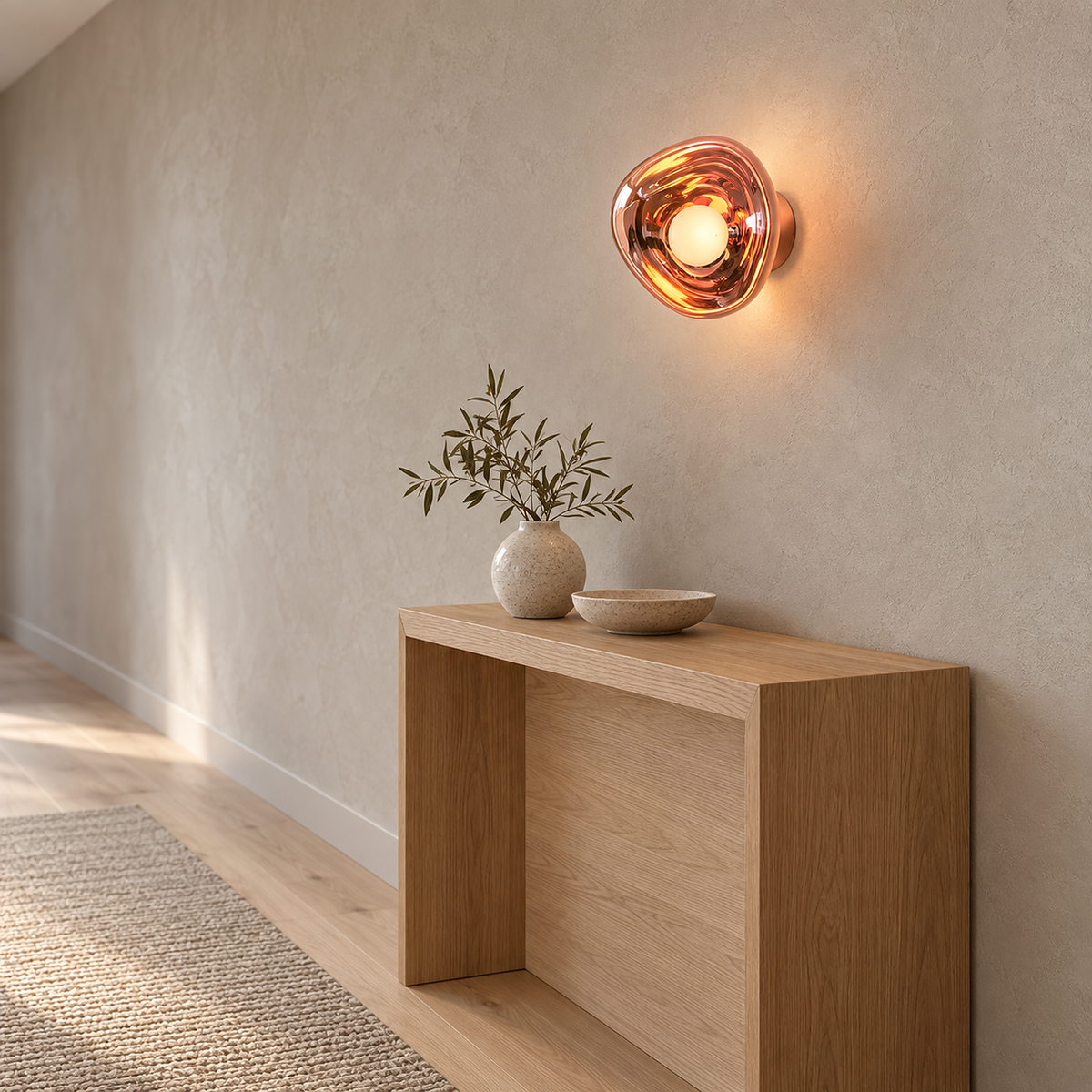 Sevalira rose gold wall light fitted above a hallway console and lit by day
