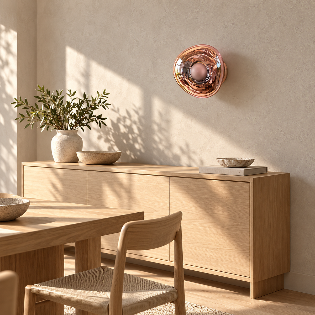 Sevalira rose gold wall light switched off in a sunny dining room by day