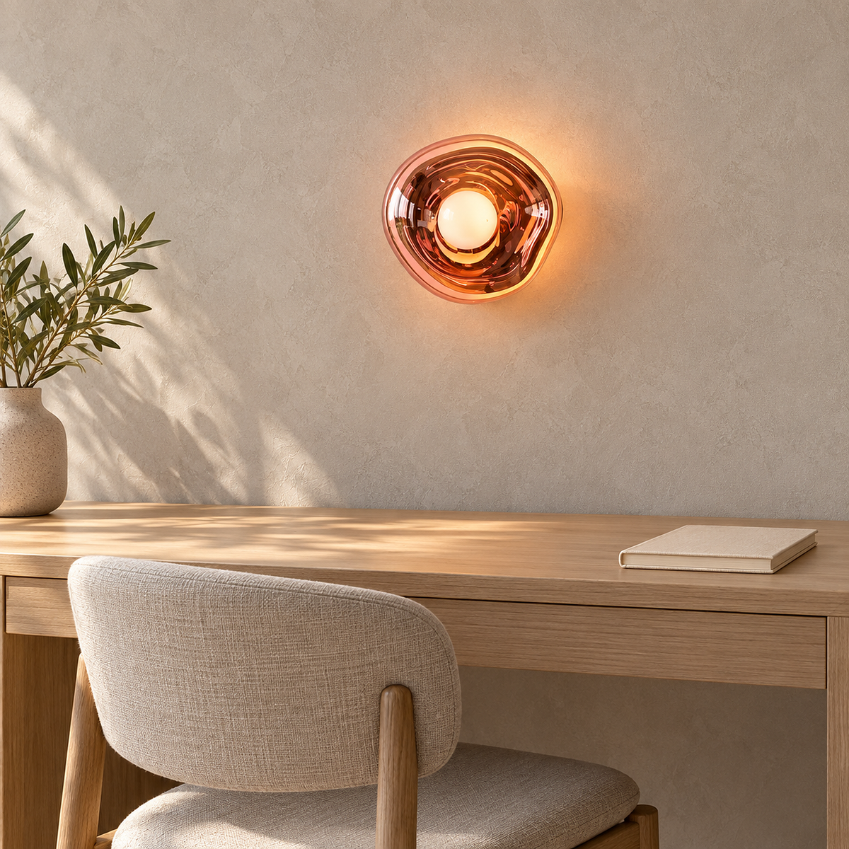 Sevalira rose gold wall sconce lit beside a clear desk in a bright study