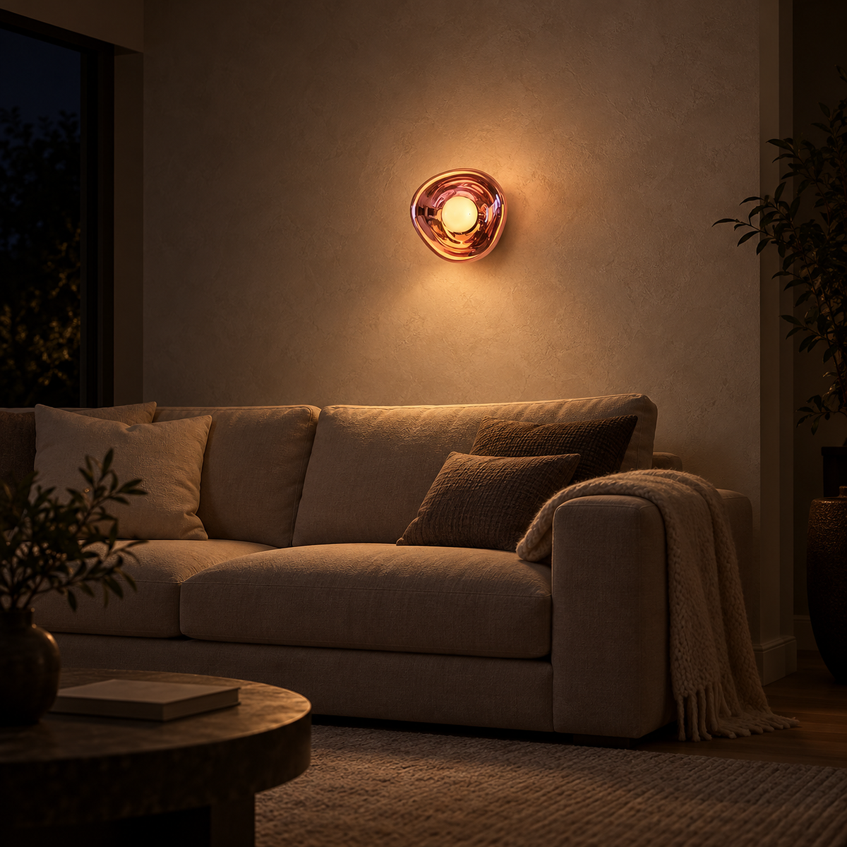 Sevalira rose gold wall sconce warming plaster above the living room sofa at night