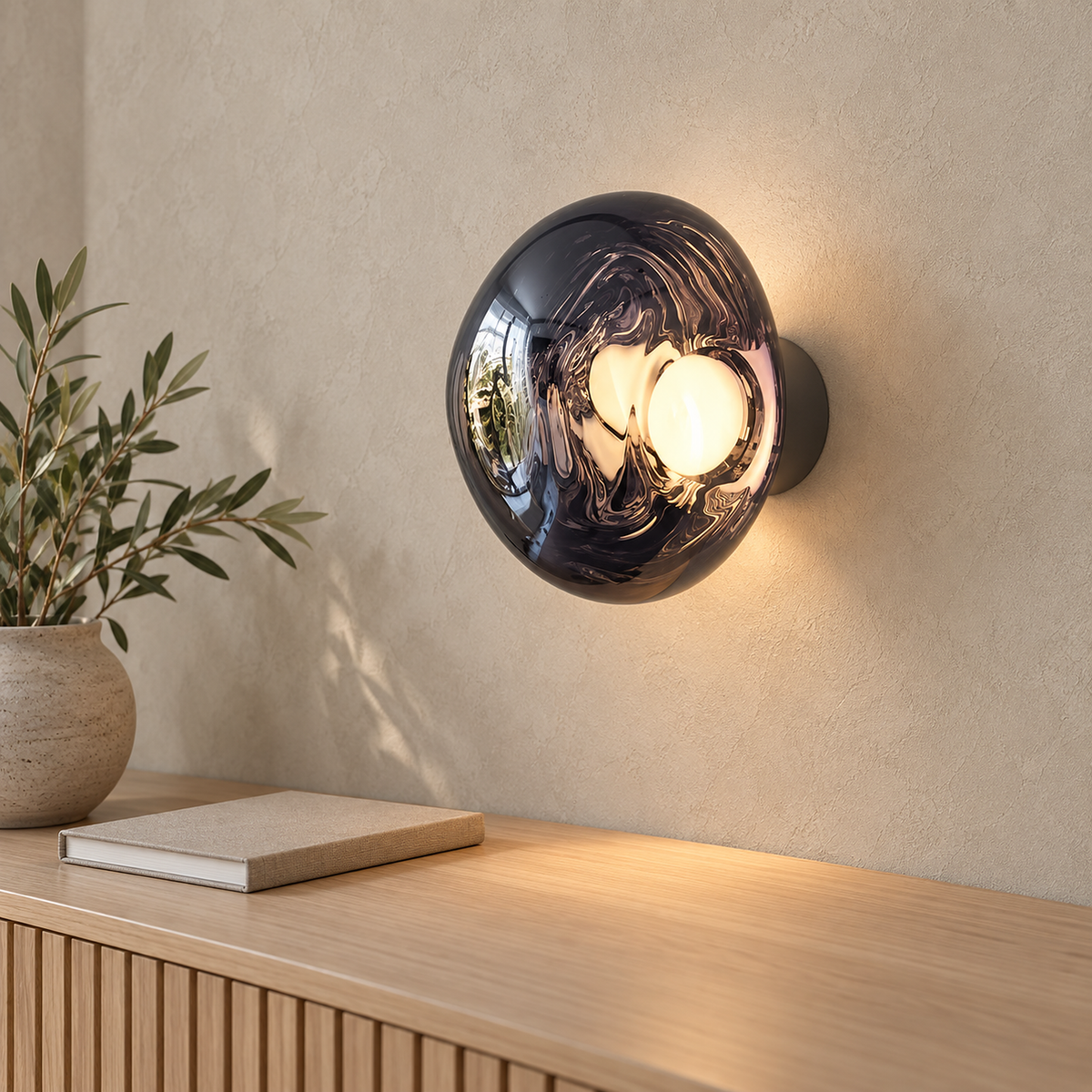 Sevalira smoke gray wall lamp lit above a clear writing surface in a study #color_smoke gray