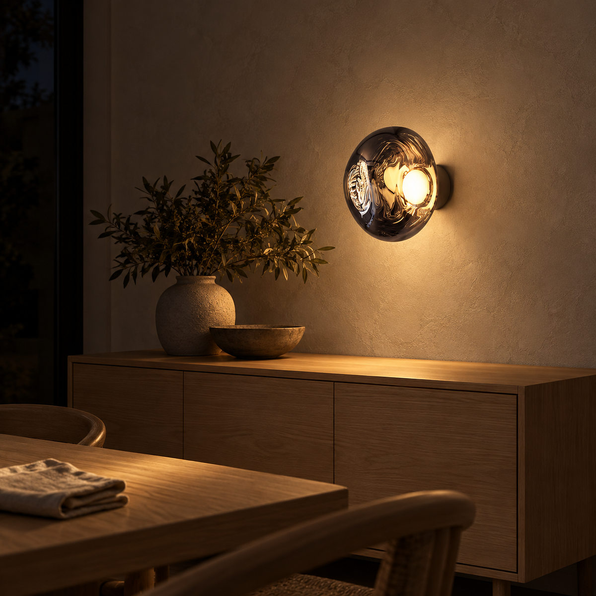 Sevalira smoke gray wall light filling a dining room with warm white light #color_smoke gray
