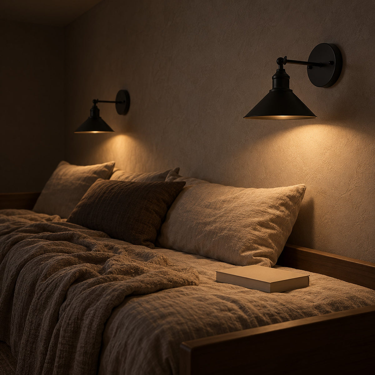 Sevarlo black bedside wall light pair dimmed low for evening in a guest sleeping alcove