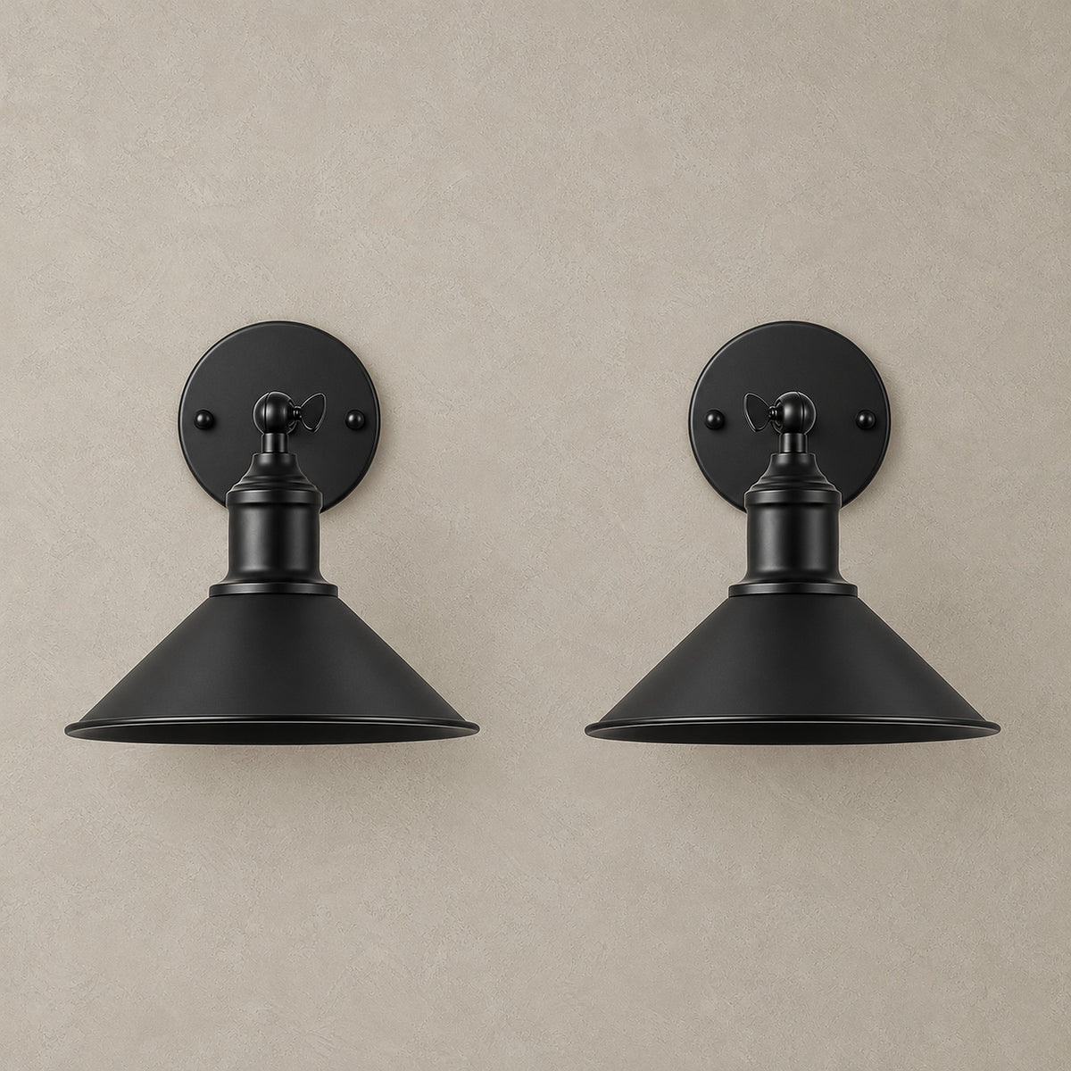 Sevarlo black rechargeable wall sconce pair with conical metal shades and round backplates, lights off