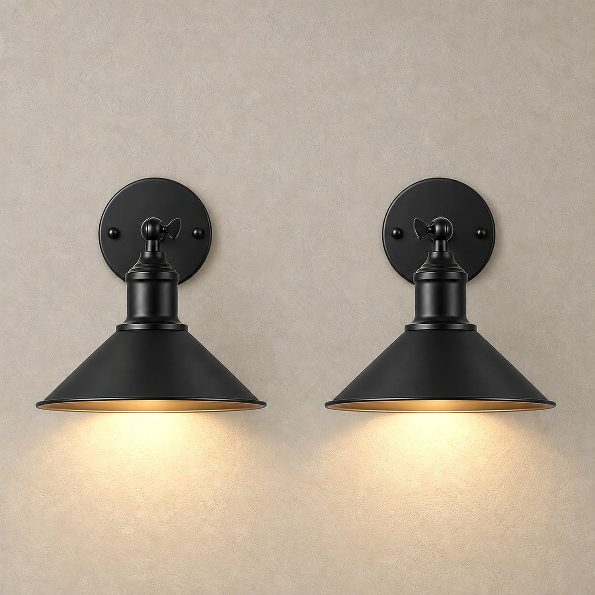 Sevarlo black wall lamp pair casting warm white light from conical metal shades