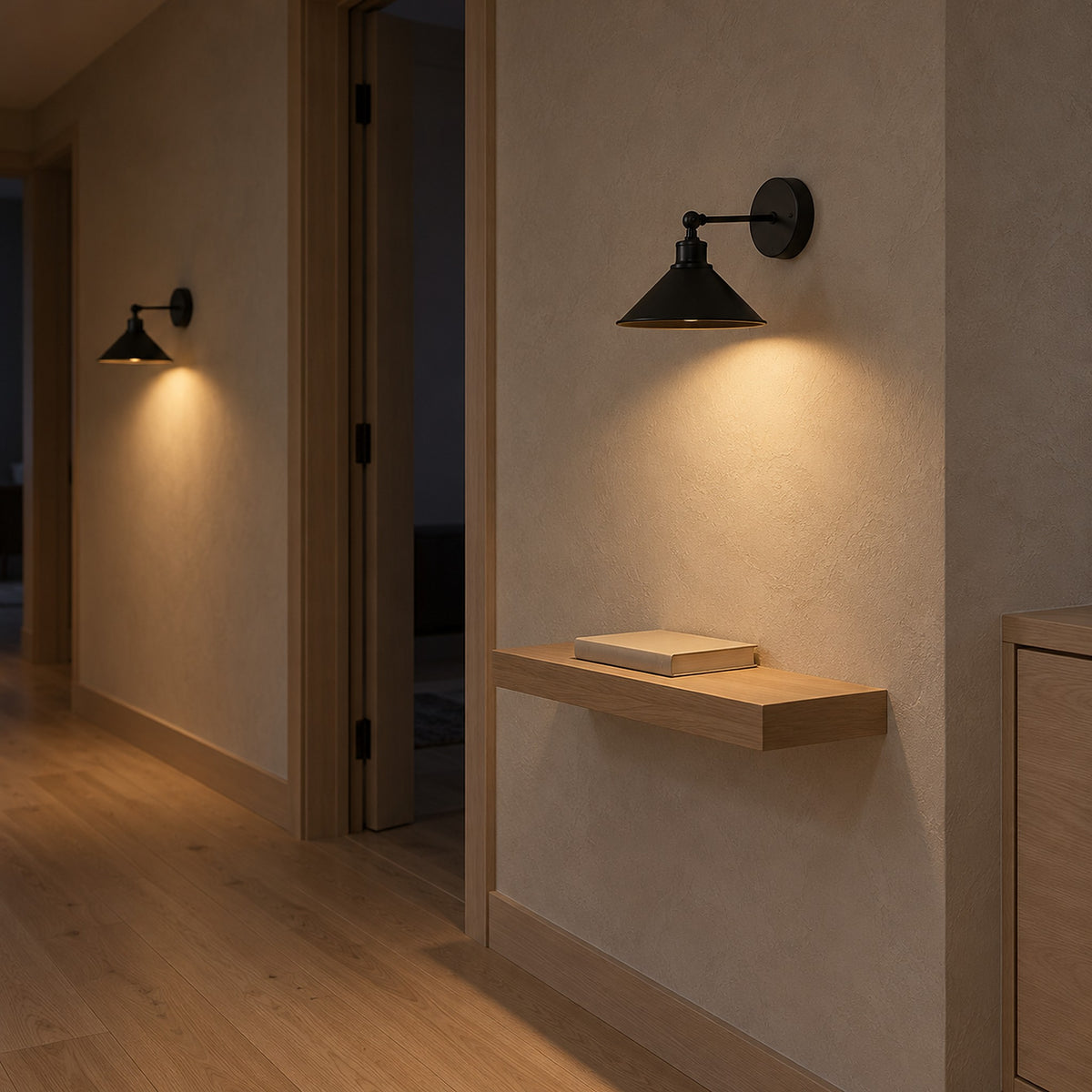 Sevarlo black wall sconce pair casting warm light on broad pale hallway walls beside doorways