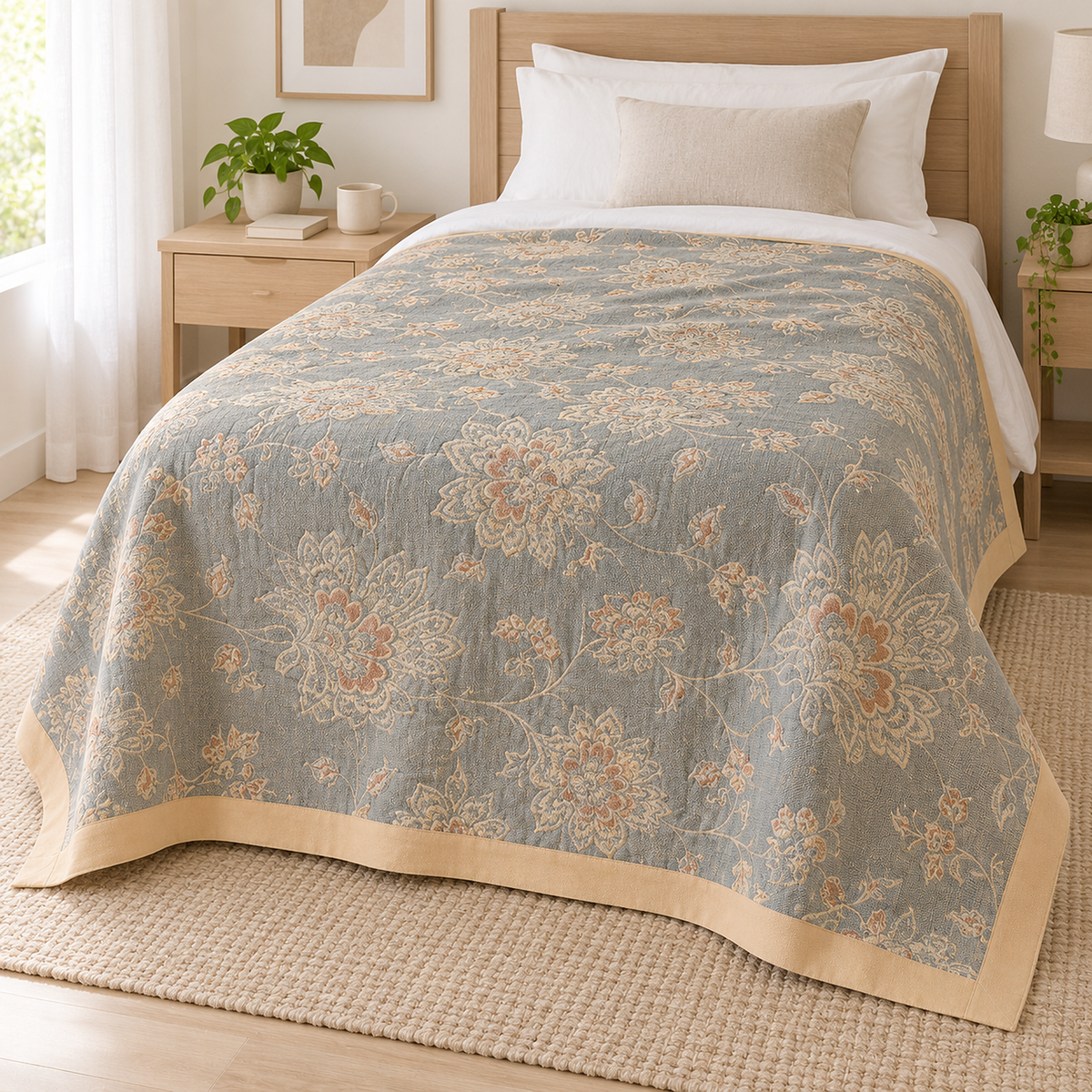 Sevirno blue cotton throw blanket with woven peonies covering a neatly made twin bed in daylight